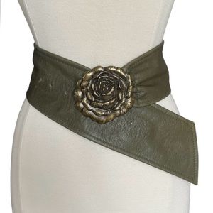 Nikki Jaggs Leather Belt Rose Medallion Green Gray Clay Belt Medium Large